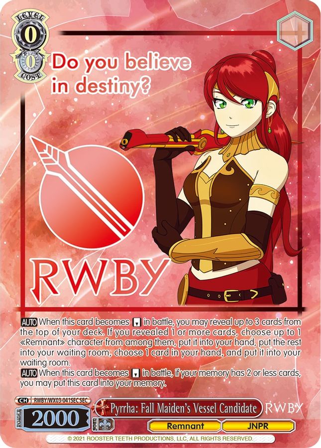 Pyrrha: Fall Maiden's Vessel Candidate (SEC) SCR waifu card — Weiss Schwarz